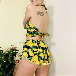 Banana Print Halter Crop Top & Shorts Matching Set
